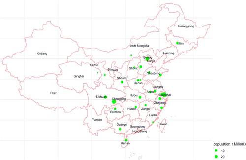 Figure 1 Locations of participating hospitals (dots) in this study.