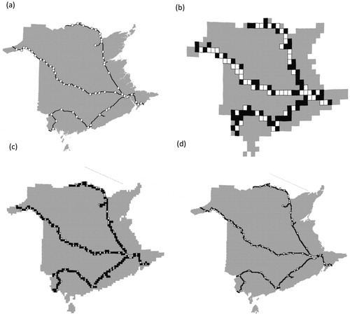 Figure 13. Utilizing GIS software to model geographic features in the province of New Brunswick at various resolutions. (a) Source data for the province of New Brunswick, rail tracks, and rail stations from GeoNB. (b) All features at resolution 6. (c) All features at resolution 7. (d) Province and rail tracks at resolution 8, rail stations at resolution 7. (North Pole Lambert Azimuthal Equal Area projection, EPSG: 102017).