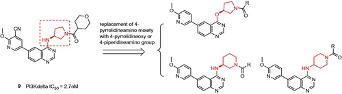 Figure 2. Design of the 4-pyrrolidineoxy and 4-piperidineamino substituted quinazolines as PI3Kδ inhibitors.
