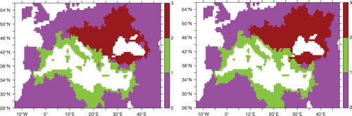 Fig. 4 Mediterranean (green) and Black Sea (dark red) drainage areas on the TRIP 0.5° grid, before (left) and after (right) the modifications.