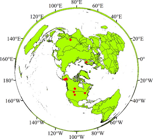 Figure 1. The distribution of the sites over the Northern Hemisphere.