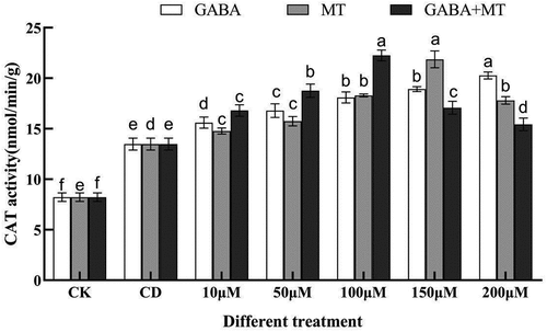 Figure 5. Effects of exogenous γ-aminobutyric acid, melatonin and their combination on the CAT activity of tomato shoots under cadmium stress. (CK, the control; CD, 100 µM Cd; 10, 50, 100, 150, 200 µM, repent the tomato seedlings treatment with GABA, MT and GABA plus MT at 10, 50, 100, 150 and 200 μM, respectively, in the presence of 100 μM Cd). The data shown are the averages of three replicates, with the standard errors indicated by the vertical bars. The means denoted by the same letter do not significantly differ at a P < 0.05.