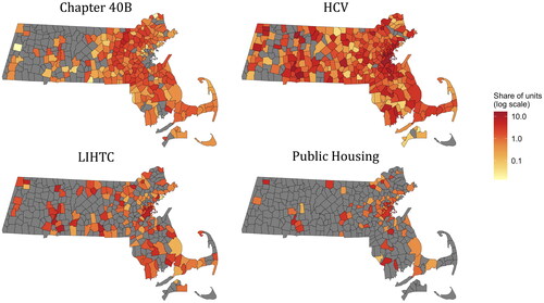 Figure 1. Share of housing stock occupied by affordable 40B units, HCV beneficiaries, affordable LIHTC units, and public housing units in Massachusetts.The map depicts the share of housing units in each municipality that is occupied by affordable 40B units, Housing Choice Voucher (HCV) households, affordable Low-Income Housing Tax Credit (LIHTC) units, and public housing units. The total number of housing units is drawn from the 2010 census and we obtain program unit counts based on our novel dataset of 40B addresses, Massachusetts LIHTC addresses from the US Department of Housing and Urban Development (HUD)’s LIHTC property database (US Department of Housing and Urban Development, Citation2023b), public housing addresses and the addresses of the project-based HCV program administered through the office of Multifamily Housing, and HCV beneficiary counts by census tract from HUD's Assisted Housing query tool (US Department of Housing and Urban Development, Citation2023a). Municipal HCV counts are calculated by taking the municipality that occupies the greatest share of land area for that census tract. All boundaries are based on 2010 census designations.