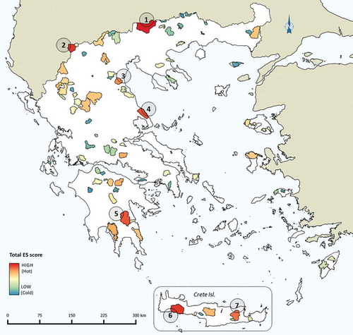 Figure 9. Total scoring of the provided ecosystem services & hot spots at 91 mountainous Natura 2000 sites (SACs) in Greece. The island of Crete (box at the bottom of the map) is identified as an ES hot spot area. Numbers 1 to 7 indicate the sites with top total ES scores (1: Mt Belles & Lake Kerkini, 2: Prespes lakes area, 3: Mt Olympos, 4: Mt Pilio, 5: Mt Parnon, 6: Mt Lefka Ori, 7: Mt Dikti).