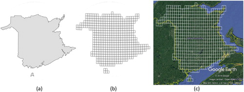 Figure 10. (a) Source polygon data for the province of New Brunswick, Canada from Natural Earth. (b) A north-south aligned resolution 6 quadrilateral grid over New Brunswick (North Pole Lambert Azimuthal Equal Area projection, EPSG: 102017) and (c) the same grid shown in Google Earth (© 2018 Google).