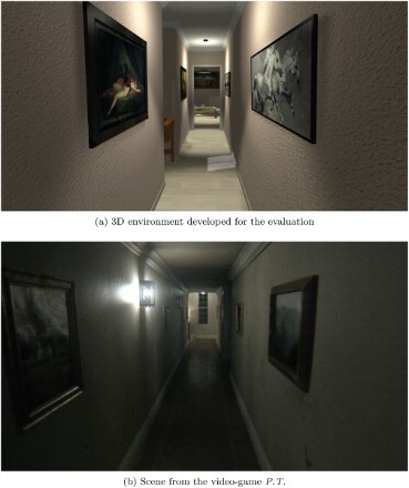 Figure 2. A comparison of the version of the corridor in the 3D environment used in the evaluation (up) and the inspiration taken from the demo P.T. (down). (a) 3D environment developed for the evaluation and (b) Scene from the video-game P.T.