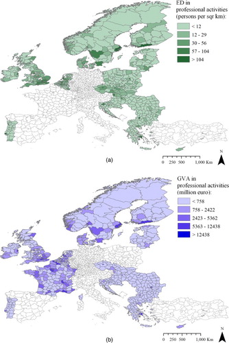 Figure 1. Distribution of professional activities across European NUTS3 regions with data available for year 2010: (a) Employment density (ED), persons per km2; (b) GVA, million €. Source: Eurostat Portal (EP Citation2014).