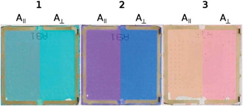 Figure 4. (Colour online) Photographs of planar-aligned cells containing the dye-E7 mixtures, backlit with polarised white light. The images are shown as composites of the respective images, split to show the colours when lit with the light polarised parallel and perpendicular to the alignment orientation. Image processing was identical for each image.