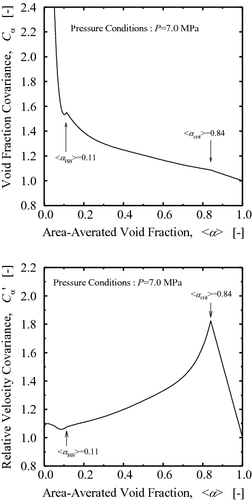 Figure 1. Void fraction covariance and relative velocity covariance calculated by Ozaki and Hibiki [Citation17] model at a pressure of 7 MPa.