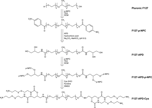 Figure S3 Synthesis of F127-APD-Cys.Abbreviations: APD, 3-amino-1,2-propanediol; Cys, cystamine dihydrochloride; DMSO, dimethyl sulfoxide; p-NPC, p-nitrophenyl chloroformate; TEA, triethylamine.