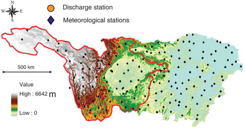 Fig. 1 DEM of the Upper Yangtze River basin with the meteorological and hydrological stations.