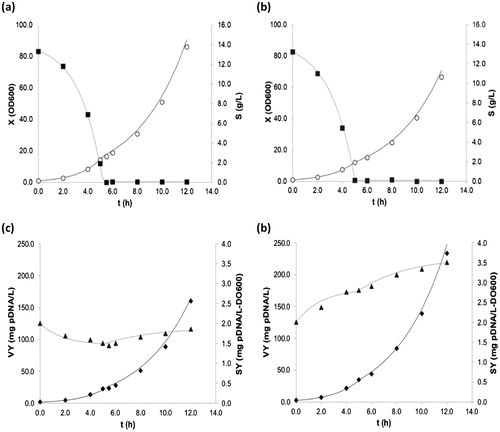 Figure 4. Kinetics of the EFP fermentation. Exponential feed with μp = 0.25 h−1. Biomass and substrate consumption kinetics using glucose (a) and glycerol (b). Experimental cell concentration [○] and substrate concentration [■]. Plasmid formation kinetics using glucose (c) and glycerol (d). Experimental VY [♦] and SY [▲]. [—] Fitted model.