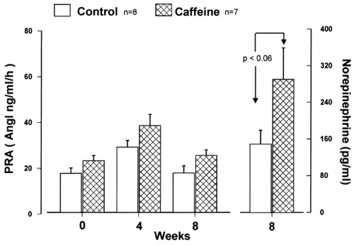 Figure 5. Plasma renin activity (PRA) and norepinephrine levels in adult, obese, ZSF1 rats treated with caffeine for 8 weeks.