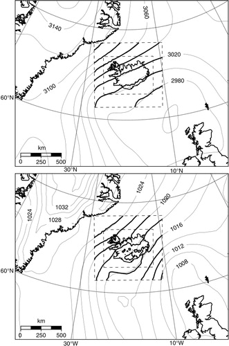 Fig. 2 Geopotential height at 700 hPa [m] (above) and mean sea level pressure [hPa] (below) at 1200 UTC on 15 July 2009 (ECMWF Interim re-analysis). Also shown are the same fields simulated (NO) at 9 km horizontal resolution (bold), as well as the 9 and 3 km domain limits (dashed lines).