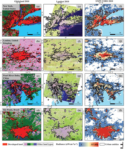 Figure 10. Spatial visual differences of NTL, developed land, and Landsat images in 2010.