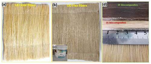 Figure 1. (a) Unidirectional sisal fibers, (b) unidirectional flax fibers, (c) epoxy resin used in this work and (d) example of biocomposites elaborated in this study.