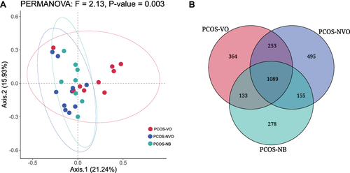 Figure 1 Comparison of microbial community characteristics between three groups with PCOS from fecal metagenomic sequencing. (A) β-diversity was evaluated by Principal Coordinate analysis (PCoA) based on Bray-Curtis distance and permutation multivariate analysis of variance (PERMANOVA) between groups. (B) Venn diagram of unique or common species between groups.