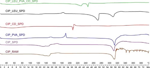 Figure 4 Thermograms of raw CIP and of the different CIP-containing microparticles investigated.