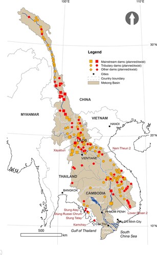 Figure 1. Existing and planned large dams in the Mekong Basin in 2019. The Cambodian dams situated outside of the basin are marked on the map as ‘Other dams’ (by Matti Kummu).