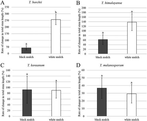 Figure 7. Rate of change in total stem length of inoculated seedlings by Mann–Whitney test. (A) Tuber borchii; (B) Tuber himalayense; (C) Tuber koreanum; and (D) Tuber melanosporum. Different letters above the bars show significant differences (p < 0.05).