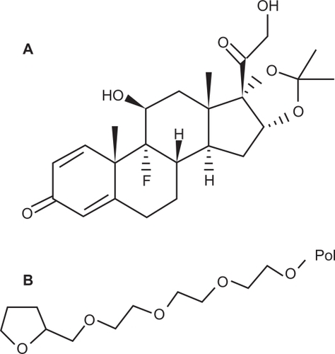 Figure 2 Structures of A) triamcinolone acetonide and B) polyethylene glycol ether.