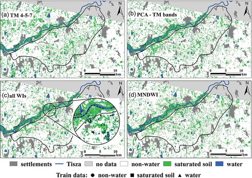 Figure 3. RF classification results using (a) 4–5–7 TM bands; (b) PCA, all TM bands; (c) all WIs; and (d) MNDWI.