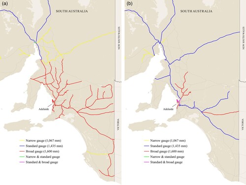 Figure 8. Maps of the South Australian railway network in (a) 1957 and (b) 1996. The state railway network was at its peak in terms of total line-kilometres in 1957.