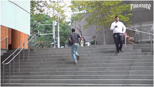 Figure 3. Chima returning to his mark, security calling for reinforcements in Vans Skateboarding’s Nice to See You (Hunt Citation2021a). Screenshot from Thrasher Magazine. Used with permission.
