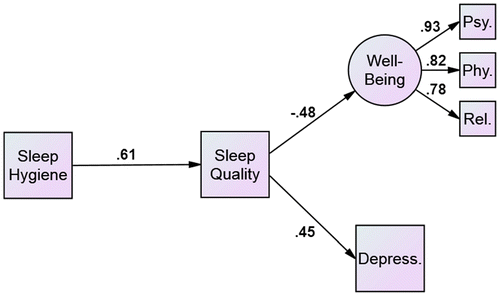 Figure 1. Full mediation model in which sleep hygiene indirectly predicted mental health (operationalized as depression and subjective well-being) via sleep quality.