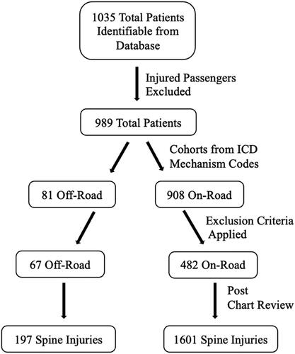 Figure 1. Flowchart of patients that were selected based on exclusion criteria and then separated into respective cohorts based on ICD codes. These patients were then analyzed for spinal injuries. (ICD: International Classification of Diseases).