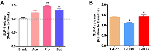 Figure 8 BLG-derived SCFAs stimulate the release of GLP-1 from primary murine colon epithelial cells. (A) the amounts of GLP-1 release from primary murine colon epithelial cells were stimulated by acetic acid, propionic acid, butyric acid; (B) the amounts of GLP-1 release from primary murine colon epithelial cells were stimulated by fecal extracts F-Con, F-DSS, and F-BLG. Aliquots of colon epithelial cells were plated in glass-bottom culture dishes and then incubated with 2 mM acetic acid, propionic acid, butyric acid respectively, as well as fecal extracts F-Con, F-DSS, and F-BLG (equivalent to 0.25 g feces) respectively for 2h at 37°C, 5% CO2. The amount of GLP-1 release from primary murine colon epithelial cells was detected by ELISA. Data are expressed as the mean ± SEM (n =3). #p < 0.05 or ##p < 0.01 vs blank or F-Con group; *p < 0.05 vs F-DSS group.