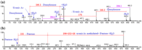 Figure 2. Mass spectrum from positive-mode MALDI-TOF MS (0.1 mg mL−1) generated by acid hydrolysis for (a) the FI KOH hemicellulosic fraction; and (b) the FI NaOH hemicellulosic fraction.