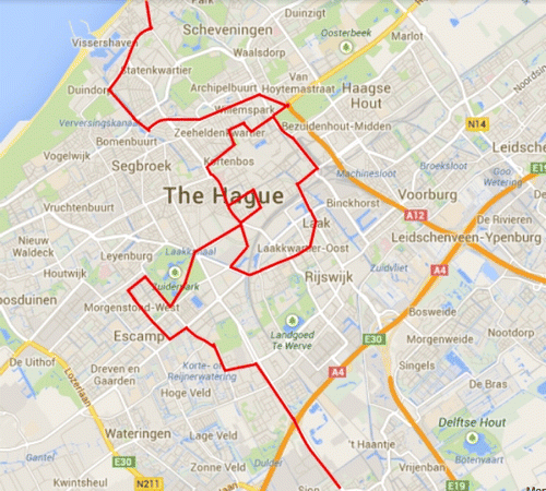 Figure 4. Route undertaken in Den Haag.Source: Map Data@2014 Google.