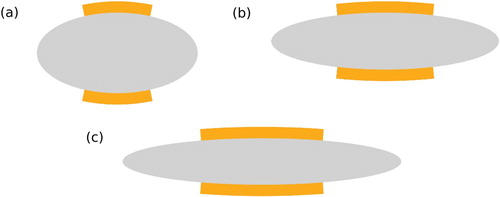 Figure 2. Schematic representations of elliptic patchy particles as they have been used in this contribution; patches are highlighted in orange. Particles with aspect ratios κ=2,4 (panels a and b), and 6 (panel c) have been considered. In all cases the interaction range was chosen to be δb=0.1 (in units of 2ab); the opening angles θb=11.77∘,6.03∘ (panels a and b) and 4.17∘ (panel c) are chosen such that the criterion for approximating the ellipse by its osculating circle within the patch region is fulfilled with an accuracy of ε=0.1% (see text and Table 1).
