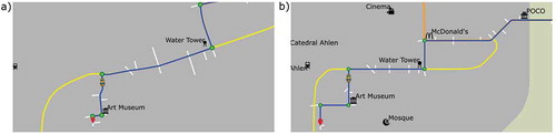 Figure 6. Examples of typical map view during the driving task: a) Route 1 type non-schematic (on the left) vs. b) Route 1 type schematic. The map dimension is fixed (150x75 mm) but participants can zoom and pan to a desired focus point. The maps are always north-oriented and rotations are not allowed. The yellow car icon indicates the driver’s virtual location on the route