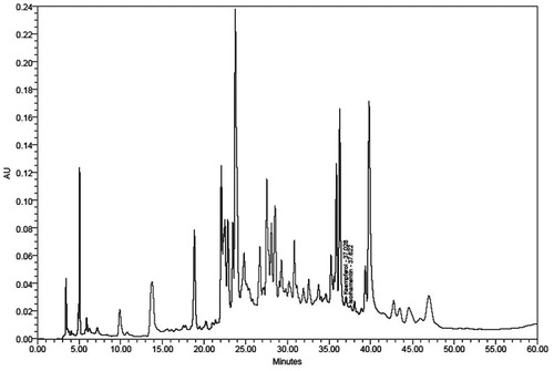 Figure 1. HPLC profile of SBTE. Identification of compounds was done on the basis of the retention time, co-injections and spectral matching with standard.