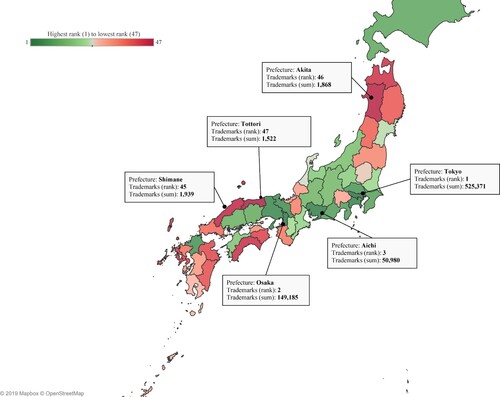 Figure 1. Japanese prefectures ranked by the total number of trademarks between 1999 and 2012.Note: Some of the northern and southern islands are not shown due to limited space.