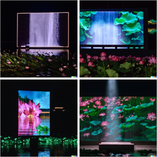 AI imaginings of a digital, immersive exhibition upon Dreaming Lake, based on DALL-E 2 prompt: ‘ … presenting poetry on Su Dongpo dream lake, filled with lotus flowers’.