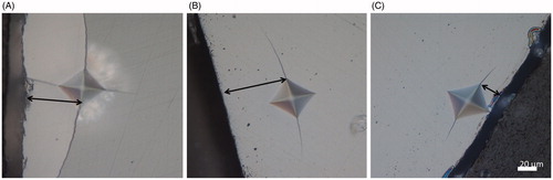 Figure 7. There was apparent differences in how close to the edge an indent could be placed before causing a chip. (A) High yttria content, (B) moderate yttria content, and (C) low yttria content. Arrows indicate distance from the edge.