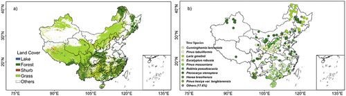 Figure 3. The spatial distribution of major land cover types (a) and the geographical locations of 594 studies involved in our final analyses (b). Different planting tree species were marked by different colors. The major land covers are derived from Moderate Resolution Imaging Spectroradiometer dataset (MCD12Q1, https://e4ftl01.cr.usgs.gov/MOTA/MCD12Q1.051/).
