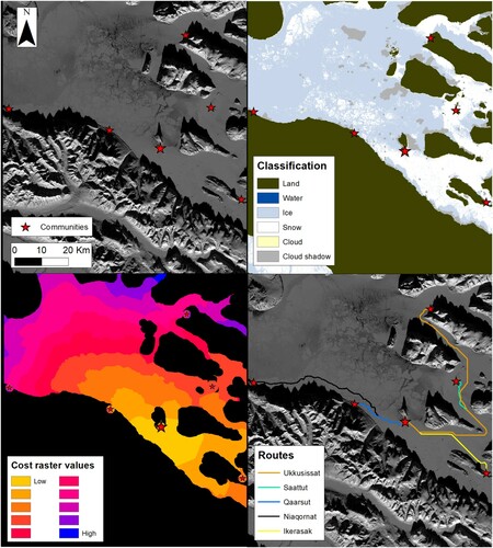 Figure 3. Sentinel-2 image of Uummannaq Fjord on 1 March 2017, displayed as (a) raw NIR band image; (b) classified surface types present in the fjord; (c) modeled cost-distance map illustrating how different surface types and distances influence travel cost between Uummannaq and surrounding communities; (d) optimal least-cost routes generated by the transportation model, showing cheapest (i.e. fastest) routes between Uummannaq and neighboring communities on 1 March 2017.