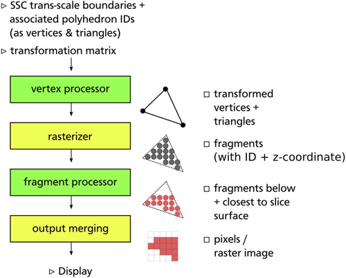 Figure 7. Intersecting an SSC in real time. SSC data runs through some steps on the GPU (the rendering pipeline) before a map is displayed to the end user. Note that the steps in green are programmable and can be modified by the programmer. Image after Hock-Chuan (Citation2019).