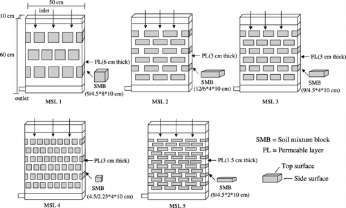 Figure 1  Structure and components of the five multi-soil-layering (MSL) systems (W50 cm × H60 cm × D10 cm) used for wastewater treatment. The size of the soil mixture block (SMB) is shown in parentheses (W cm × H cm × D cm).