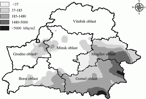 Figure 5  Areas of Belarus contaminated with radionuclides Te-132 and I-132 in April–May 1986 Source: Zuravkov and Mironov Citation2005, cited in Yablokov et al. Citation2007.