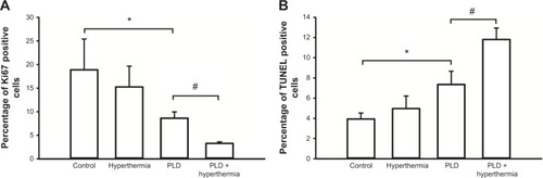 Figure 6 Quantitative analysis of Ki67-positive and TUNEL-positive cells.Notes: (A) The number of Ki67 positive cells significantly decreased in the PLD + hyperthermia group compared with those in the PLD group. (B) TUNEL-positive cells were increased in the PLD + hyperthermia group. Data are shown as the mean ± SEM (n=3 for each group). *P<0.05 compared with the control group. #P<0.05 compared with the PLD group.Abbreviations: PLD, pegylated liposomal doxorubicin; TUNEL, terminal deoxynucleotidyl transferase dUTP-mediated nick-end labeling; SEM, standard error of the mean; dUTP, deoxyuridine triphosphate.