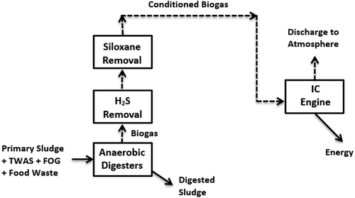 Figure 1. Process flow diagram of biogas generation, conditioning, and utilization.