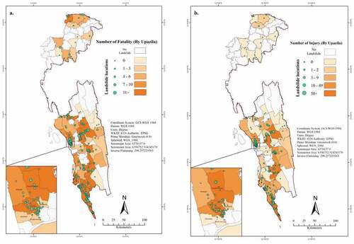 Figure 7. Spatial distribution of (a) Reported fatalities and (b) Reported injuries during 2000–2018