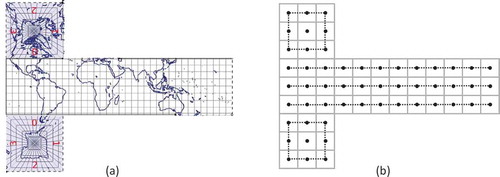 Figure 2. (a) The 0,0-rHEALPix projection, grid lines represent parallels and meridians (derived from Gibb, Citation2016). (b) Cell nuclei distributed along the planar projection of parallels.