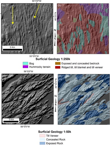 Figure 2. Demonstration of how surficial geology GIS layers helped to differentiate between glacially moulded bedrock and depositional glacial lineations, such as drumlins: (a) cross-cutting glacial lineations on SRTM data; (b) the same geographic extent as (a) with the 1:250 k surficial geology map draped on top. The surficial geology layer indicates that this area consists primarily of till, therefore suggesting that landforms mapped here are more likely to be of depositional origin and as such have been classed as drumlins (yellow arrows indicate the presence of cross-cutting drumlins with two separate ice flow events being observed, a north to south flow and a NNE to SSW flow); (c) a streamlined landscape with drumlinoid features evident on the SRTM data. The matched image in (d) shows the 1:50 k surficial geology overlaid on the SRTM data and indicates this region to be predominantly bedrock (exposed bedrock or bedrock concealed by vegetation). Glacial lineations mapped in bedrock areas are considered more likely to be of erosional origin and therefore have been classified as glacially moulded bedrock lineations. (For area locations, see Boxes 2ab and 2cd in Figure 1).