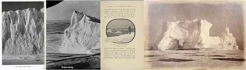 Figure 19. From left to right: The Home of the Echoes, published on page 149 of Ponting’s book The Great White South (1924); Isbarieren, 1911 (reproduced by Anders B. Wilse from Amundsen’s South Pole expedition); Seal Hunting. The Captain on the Lookout, published on page 213 of Nansen’s book The First Crossing of Greenland (1890); Detail from William Bradford’s book The Arctic Regions (1873)